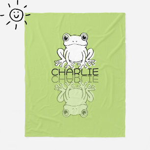Cute Green Frog Reflection Doodle Custom Name Fleece Blanket