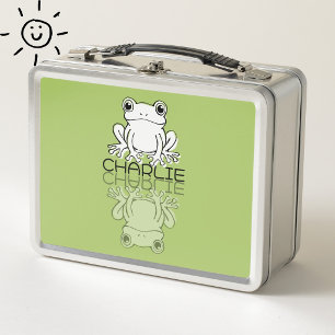 Cute Green Frog Reflection Doodle Custom Name Metal Lunch Box