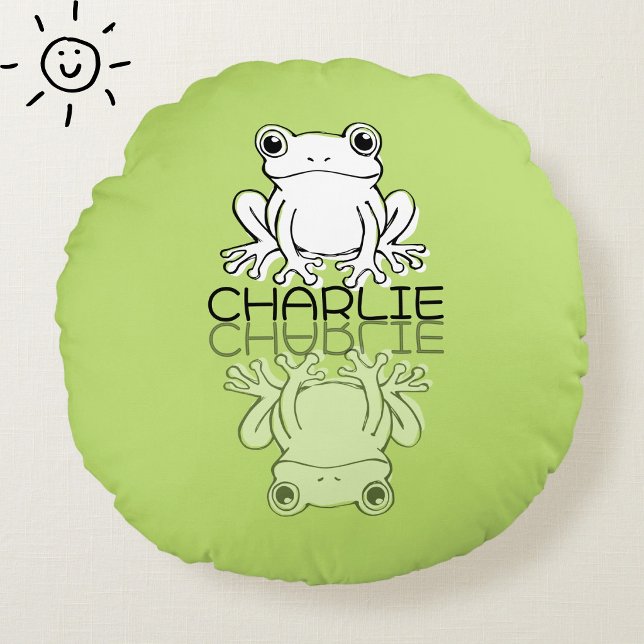 Cute Green Frog Reflection Doodle Custom Name  Round Cushion (Creator Uploaded)