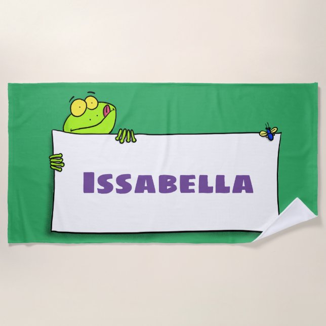 Cute green frog sign cartoon illustration beach towel (Front)