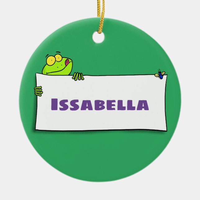 Cute green frog sign cartoon illustration ceramic ornament (Front)