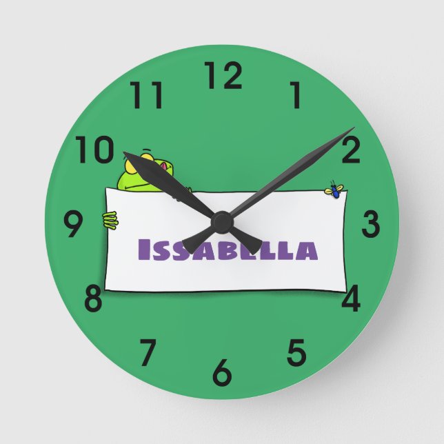 Cute green frog sign cartoon illustration round clock (Front)