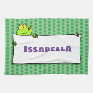 Cute green frog sign cartoon illustration tea towel