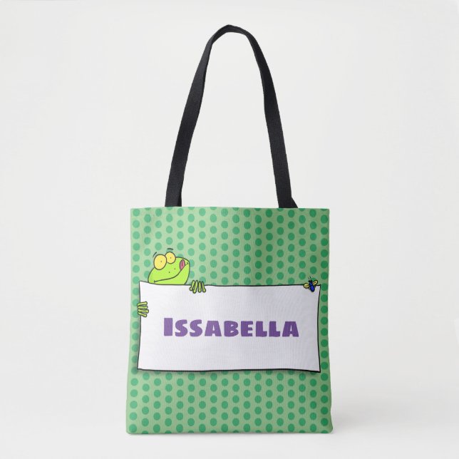 Cute green frog sign cartoon illustration tote bag (Front)