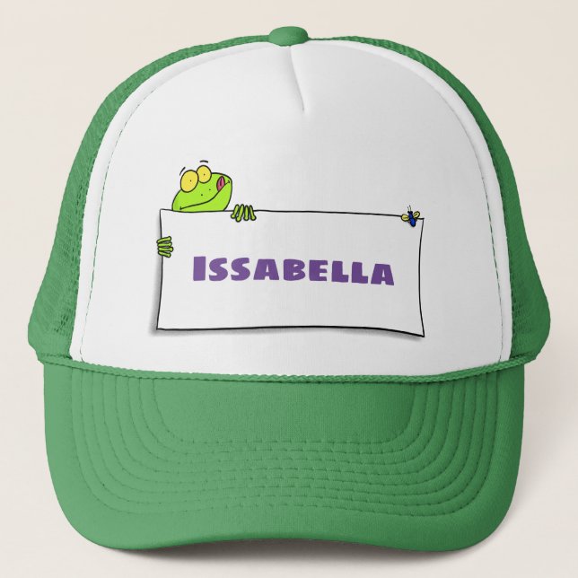 Cute green frog sign cartoon illustration trucker hat (Front)