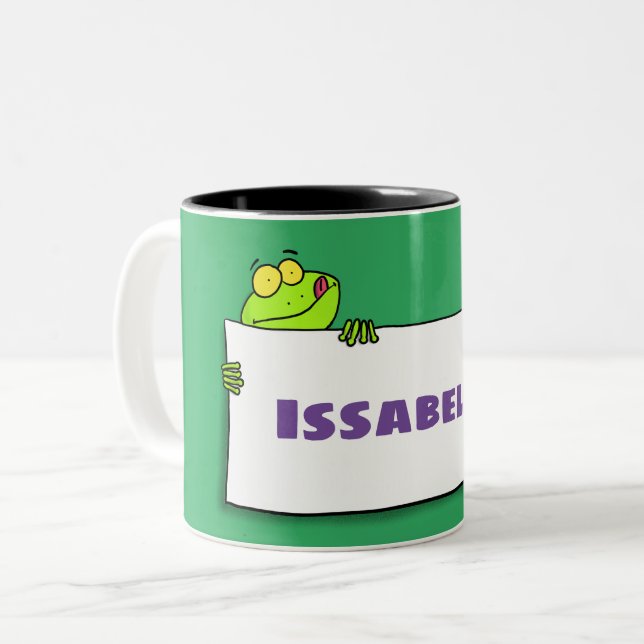 Cute green frog sign cartoon illustration Two-Tone coffee mug (Front Left)