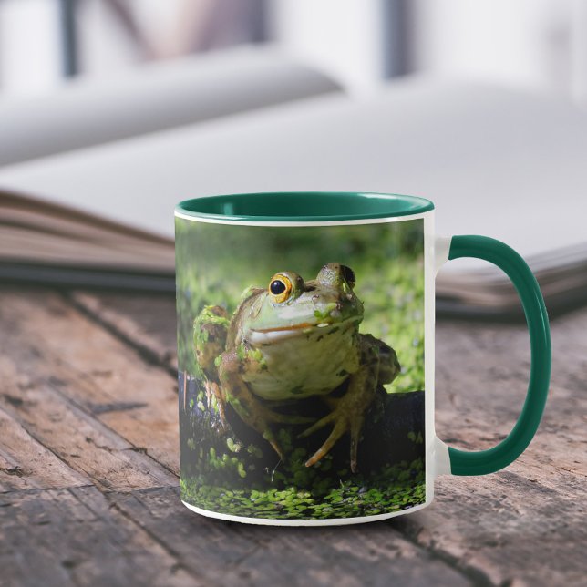 Cute Green Frog Strikes a Pose on the Hose Mug (Cute Green Frog Strikes a Pose on the Hose 11 oz Coffee Mug Cover Photo.)