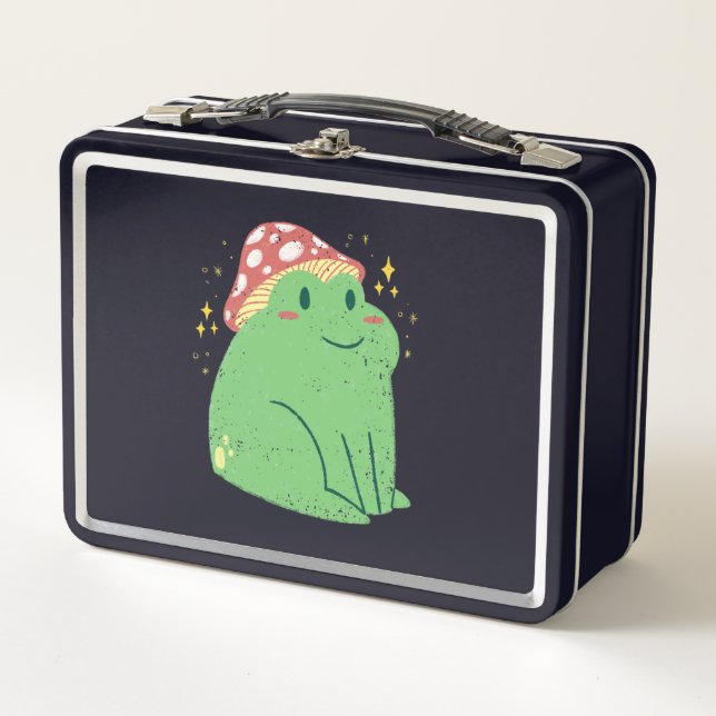Cute Green Frog with Mushroom Hat Metal Lunch Box (Front)
