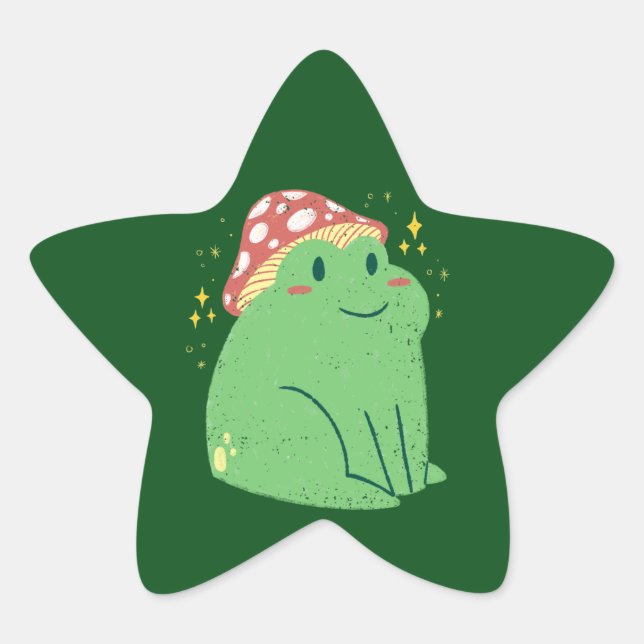 Cute Green Frog with Mushroom Hat Star Sticker (Front)
