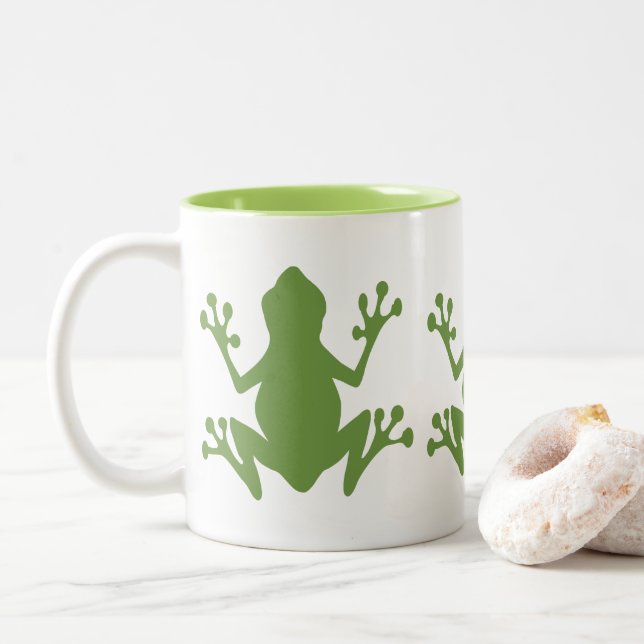 CUTE GREEN FROGS ILLUSTRATION MOTIF Two-Tone COFFEE MUG (With Donut)