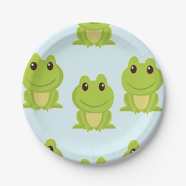 Cute green frogs on blue paper plate (Front)