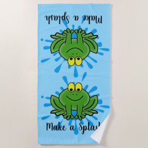 Cute Green Frogs Splash Design Beach Towel