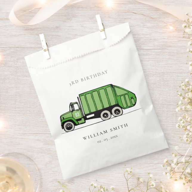 Cute Green Garbage Truck Kids Any Age Birthday Favour Bag (Clipped)