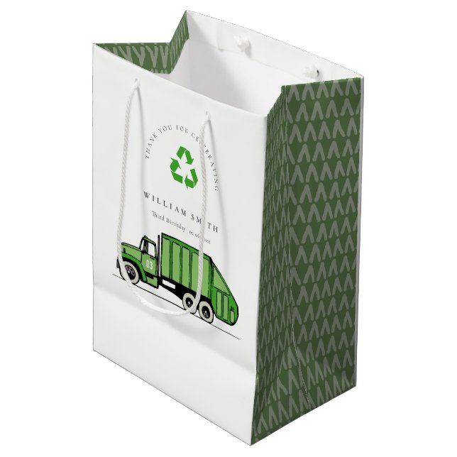 Cute Green Garbage Truck Kids Any Age Birthday  Medium Gift Bag (Front Angled)