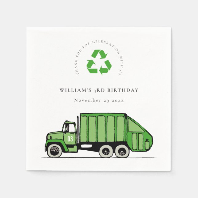 Cute Green Garbage Truck Kids Any Age Birthday Napkin (Front)