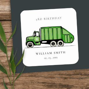 Cute Green Garbage Truck Kids Any Age Birthday Square Sticker
