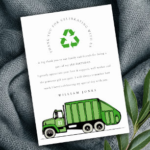 Cute Green Garbage Truck Kids Any Age Birthday Thank You Card