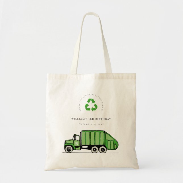 Cute Green Garbage Truck Kids Any Age Birthday Tote Bag (Front)