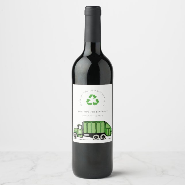 Cute Green Garbage Truck Kids Any Age Birthday Wine Label (Front)