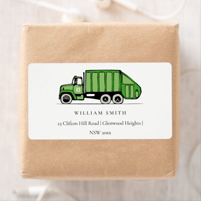 Cute Green Garbage Truck Kids Birthday Address (Insitu)