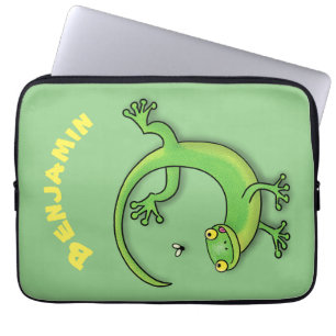 Cute green gecko lizard cartoon illustration laptop sleeve