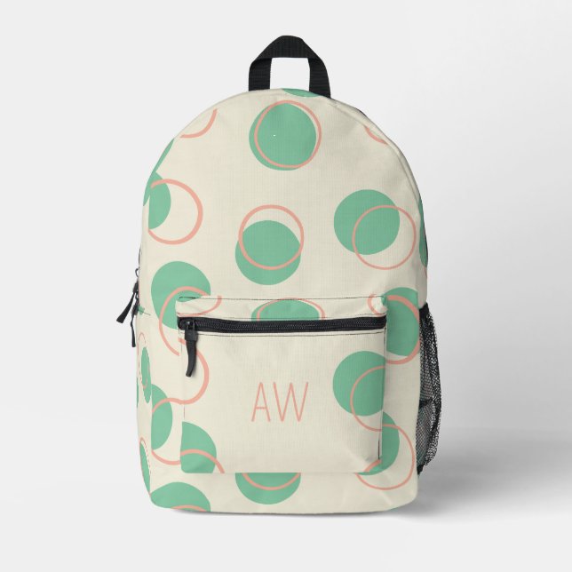 Cute Green Geometric Circles Monogram Initials Printed Backpack (Front)