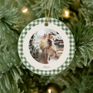 Cute Green Gingham Custom Photo Year Ornament