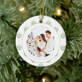 Cute Green Gingham Plaid Custom Photo Christmas Ceramic Ornament