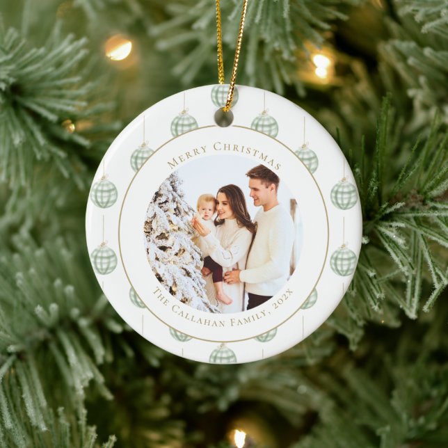 Cute Green Gingham Plaid Custom Photo Christmas Ceramic Ornament (Tree)