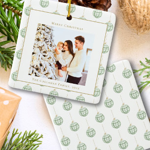 Cute Green Gingham Plaid Custom Photo Christmas Ceramic Ornament