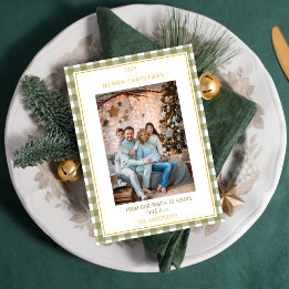 Cute Green Gingham Plaid Custom Photo Christmas Holiday Card