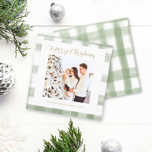 Cute Green Gingham Plaid Custom Photo Christmas Holiday Card (Creator Uploaded)