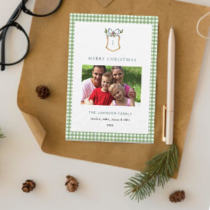 Cute Green Gingham Plaid Monogrammed Christmas  Holiday Card