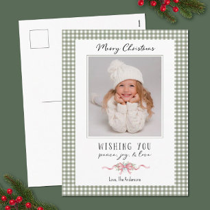 Cute Green Gingham Plaid Preppy Christmas Photo Holiday Postcard