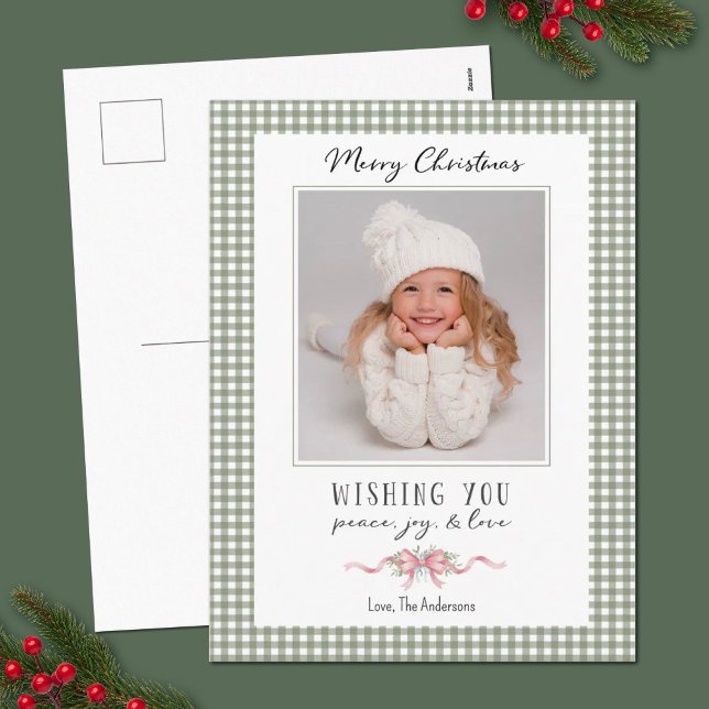Cute Green Gingham Plaid Preppy Christmas Photo Holiday Postcard (A cute Preppy green gingham Christmas photo postcard.)
