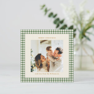 Cute Green Gingham Plaid Square Photo Christmas Holiday Card