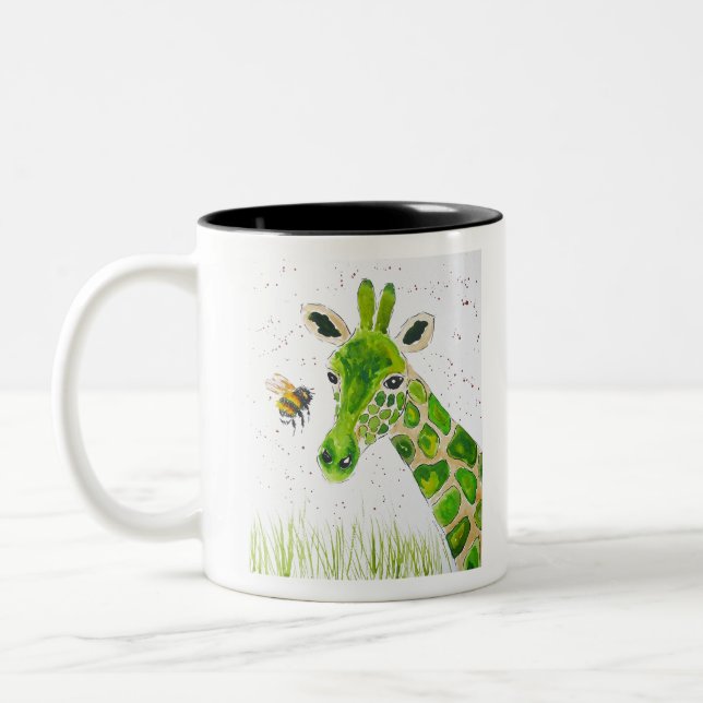 Cute Green Giraffe and a bumble bee Two-Tone Coffee Mug (Left)