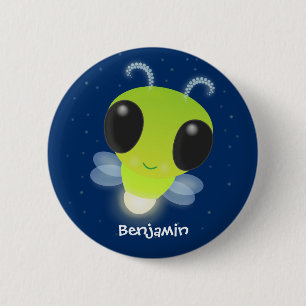 Cute green glow bug firefly cartoon illustration 6 cm round badge