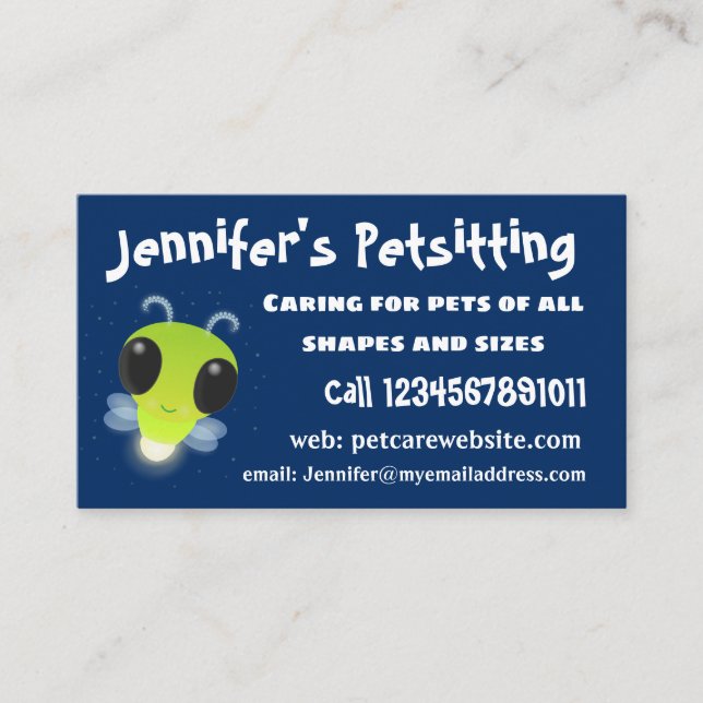 Cute green glow bug firefly cartoon illustration business card (Front)