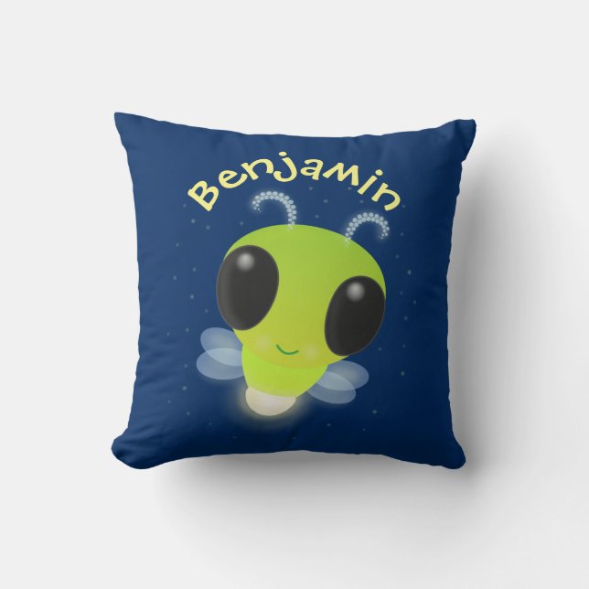 Cute green glow bug firefly cartoon illustration cushion (Front)