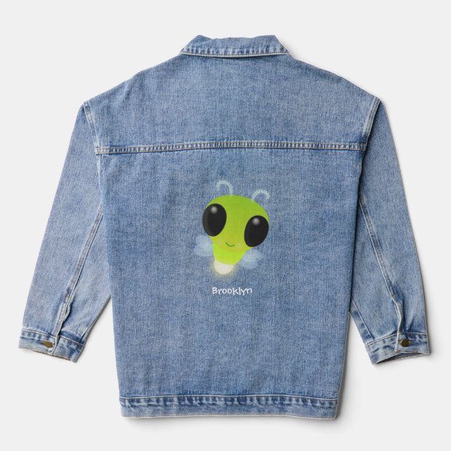 Cute green glow bug firefly cartoon illustration denim jacket (Back)