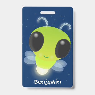 Cute green glow bug firefly cartoon illustration ID badge