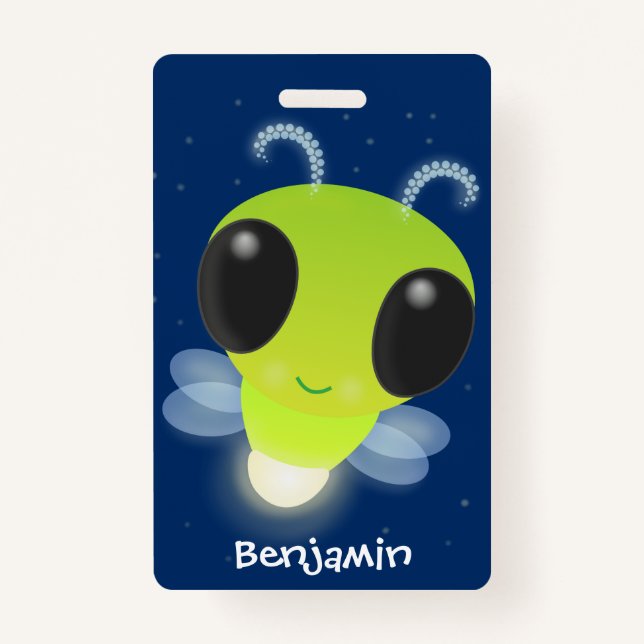 Cute green glow bug firefly cartoon illustration ID badge (Front)