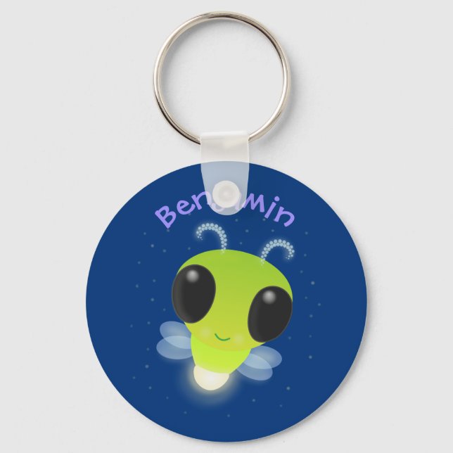 Cute green glow bug firefly cartoon illustration key ring (Front)