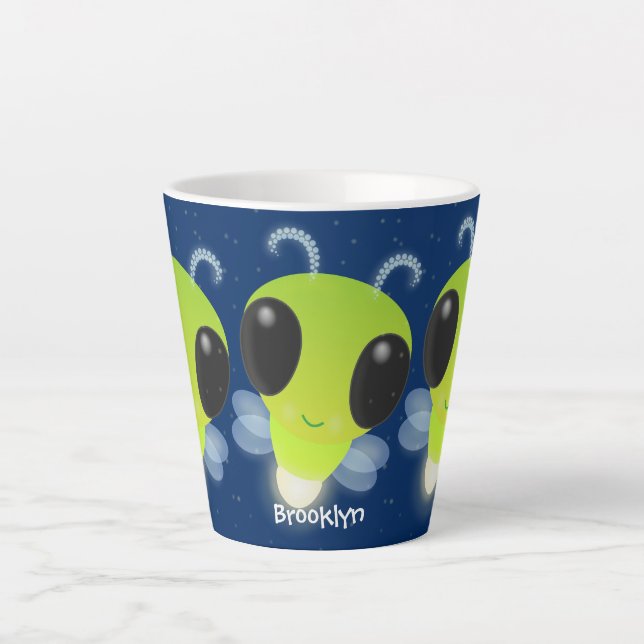 Cute green glow bug firefly cartoon illustration latte mug (Front)