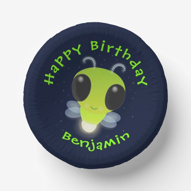 Cute green glow bug firefly cartoon illustration paper plate (Front)