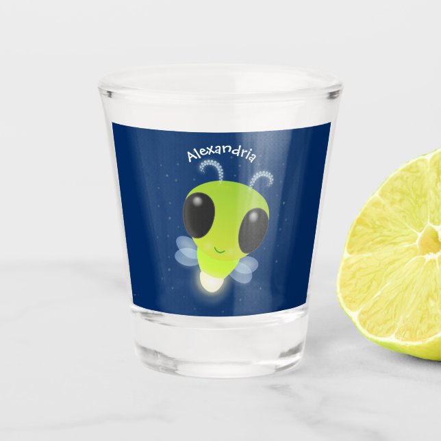 Cute green glow bug firefly cartoon illustration shot glass (Front)