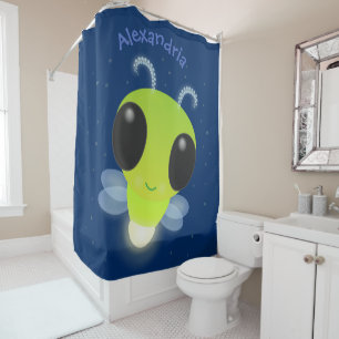 Cute green glow bug firefly cartoon illustration shower curtain