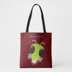 Cute green glow bug firefly cartoon illustration tote bag