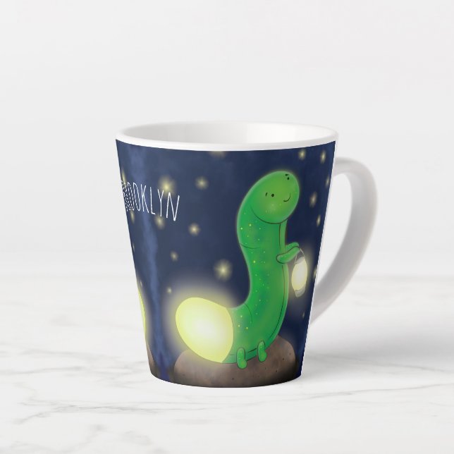 Cute green glow worm cartoon illustration latte mug (Right Angle)